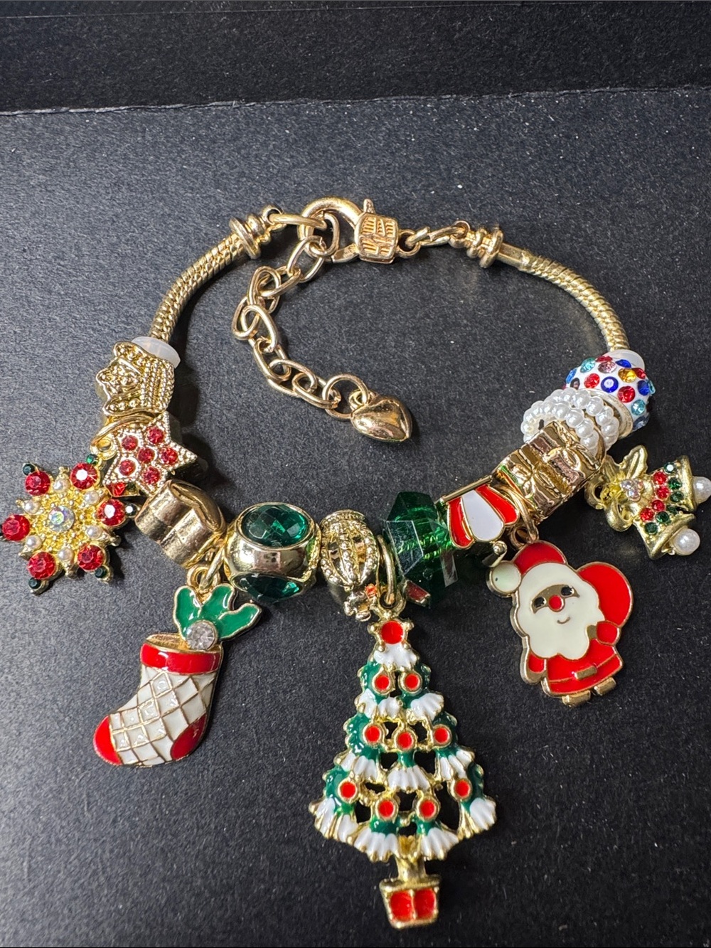 Gold-Tone Christmas Charm Bracelet with Red, Green & White Enamel